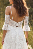 V-Neck A Line 2-piece White Lace Boho Wedding Dress