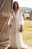 Lace Long Sleeve V-Neck White A Line Boho Wedding Dress