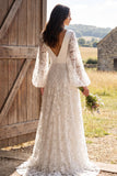 Lace Long Sleeve V-Neck White A Line Boho Wedding Dress
