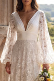 Lace Long Sleeve V-Neck White A Line Boho Wedding Dress
