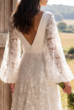 Lace Long Sleeve V-Neck White A Line Boho Wedding Dress