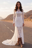 Mermaid Lace White Boho Wedding Dress With Long Sleeves