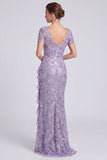 Mermaid Purple V-Neck Sequins Half Sleeve Formal Dress