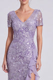 Mermaid Purple V-Neck Sequins Half Sleeve Formal Dress