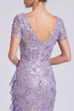 Mermaid Purple V-Neck Sequins Half Sleeve Formal Dress