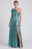 One Shoulder A Line Metallic Blue Formal Dress