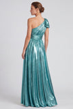 One Shoulder A Line Metallic Blue Formal Dress