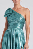 One Shoulder A Line Metallic Blue Formal Dress