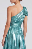 One Shoulder A Line Metallic Blue Formal Dress