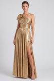 One Shoulder A Line Metallic Blue Formal Dress