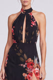 Halter A Line Blue Floral Formal Dress