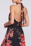 Halter A Line Blue Floral Formal Dress