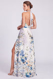 Halter A Line Blue Floral Formal Dress