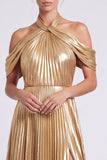 Cold Shoulder Gold Metallic A Line Formal Dress