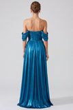 Off The Shoulder Metallic A Line Blue Formal Dress