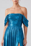 Off The Shoulder Metallic A Line Blue Formal Dress