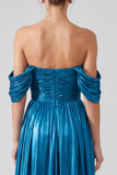 Off The Shoulder Metallic A Line Blue Formal Dress