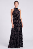 Halter Olive Floral Velvet A Line Maxi Formal Dress