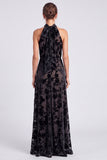 Halter Olive Floral Velvet A Line Maxi Formal Dress
