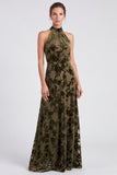 Halter Olive Floral Velvet A Line Maxi Formal Dress