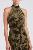 Halter Olive Floral Velvet A Line Maxi Formal Dress