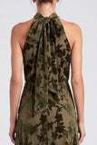 Halter Olive Floral Velvet A Line Maxi Formal Dress