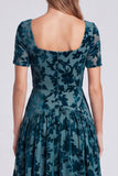 Square Neck Floral A Line Black Tie Dress