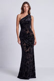 One Shoulder Mermaid Floral Black Tie Dress