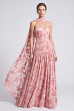 Strapless Pink Floral A Line Formal Dress