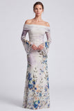 Off The Shoulder Blue Floral Mermaid Formal Dress With Long Sleeves