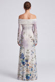 Off The Shoulder Blue Floral Mermaid Formal Dress With Long Sleeves