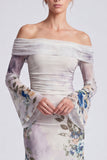 Off The Shoulder Blue Floral Mermaid Formal Dress With Long Sleeves