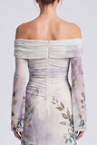 Off The Shoulder Blue Floral Mermaid Formal Dress With Long Sleeves