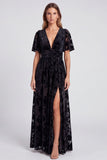 V-Neck Velvet Olive Floral A Line Maxi Formal Dress