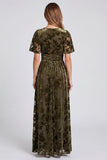 V-Neck Velvet Olive Floral A Line Maxi Formal Dress