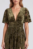 V-Neck Velvet Olive Floral A Line Maxi Formal Dress