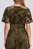 V-Neck Velvet Olive Floral A Line Maxi Formal Dress