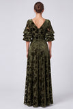 Olive A Line Velvet Floral Puff Sleeve Maxi Formal Dress