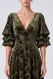 Olive A Line Velvet Floral Puff Sleeve Maxi Formal Dress