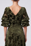 Olive A Line Velvet Floral Puff Sleeve Maxi Formal Dress