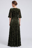 A Line Floral Olive Velvet Maxi Formal Dress With Half Sleeves