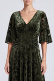 A Line Floral Olive Velvet Maxi Formal Dress With Half Sleeves
