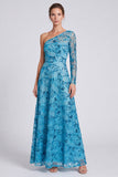 One Shoulder A Line Sequins Blue Long Sleeve Formal Dress
