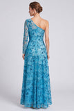 One Shoulder A Line Sequins Blue Long Sleeve Formal Dress