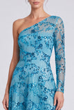 One Shoulder A Line Sequins Blue Long Sleeve Formal Dress