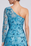One Shoulder A Line Sequins Blue Long Sleeve Formal Dress