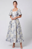 Square Neck Dusty Blue Floral A line Formal Dress
