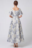 Square Neck Dusty Blue Floral A line Formal Dress