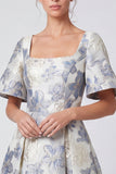 Square Neck Dusty Blue Floral A line Formal Dress