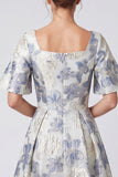 Square Neck Dusty Blue Floral A line Formal Dress
